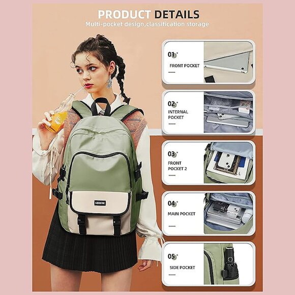 Lightweight Backpack for Women Men, Travel Casual Daypack Laptop I2-lightgreen - Picture 2 of 6